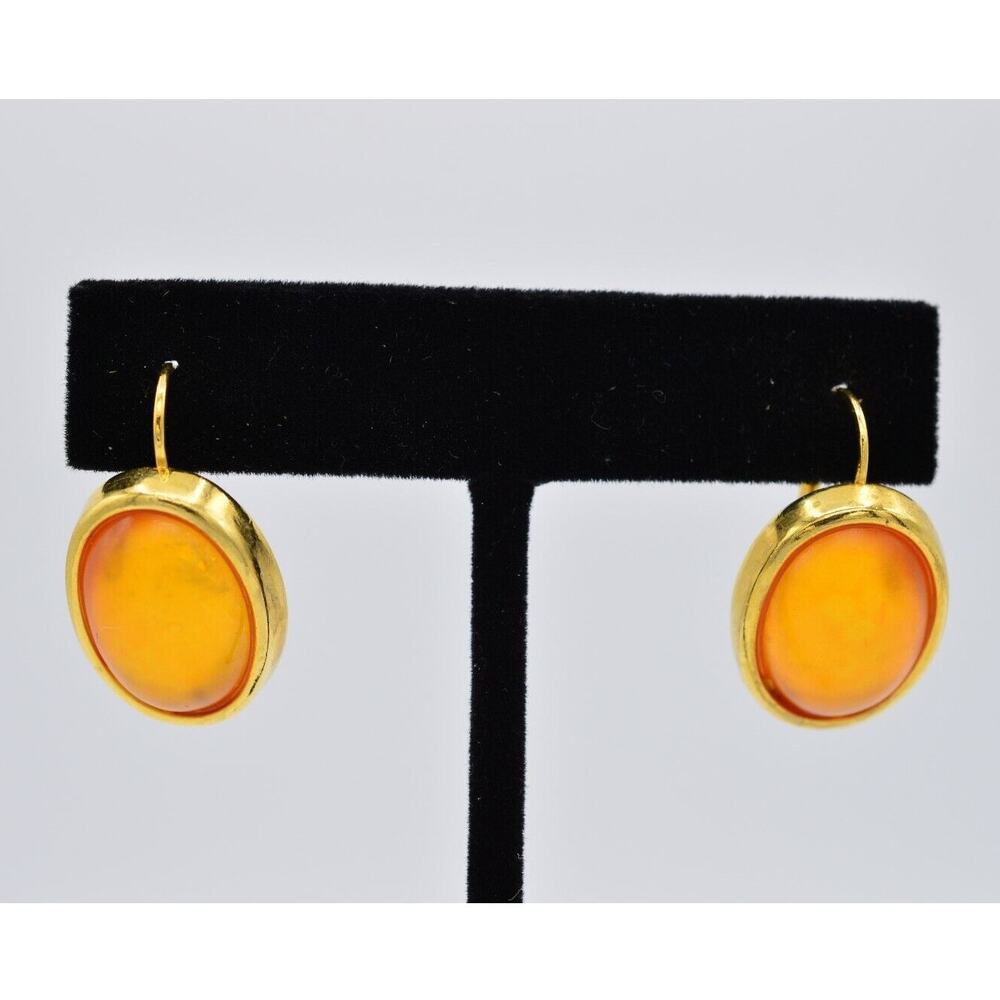 Vintage Cabochon Earrings Matte Orange Jelly Dangle Gold Tone Drop 1980s Binw
